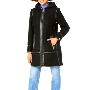 DKNY XL Women's Boucle Wool Hooded Lined Coat Jacket w/Pockets Leather Trim NWT